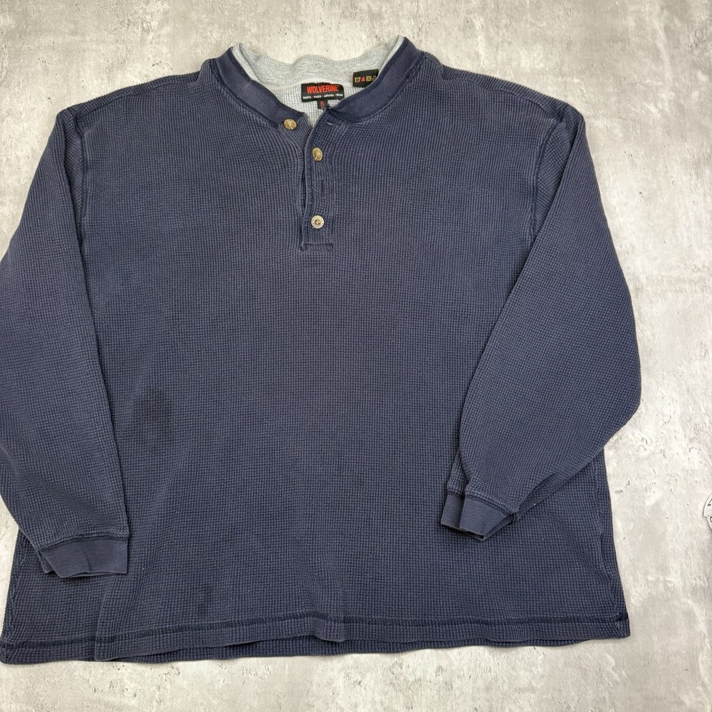 Wolverine Henley Shirt Mens XL Blue Waffle Knit Thermal Long Sleeve Cotton